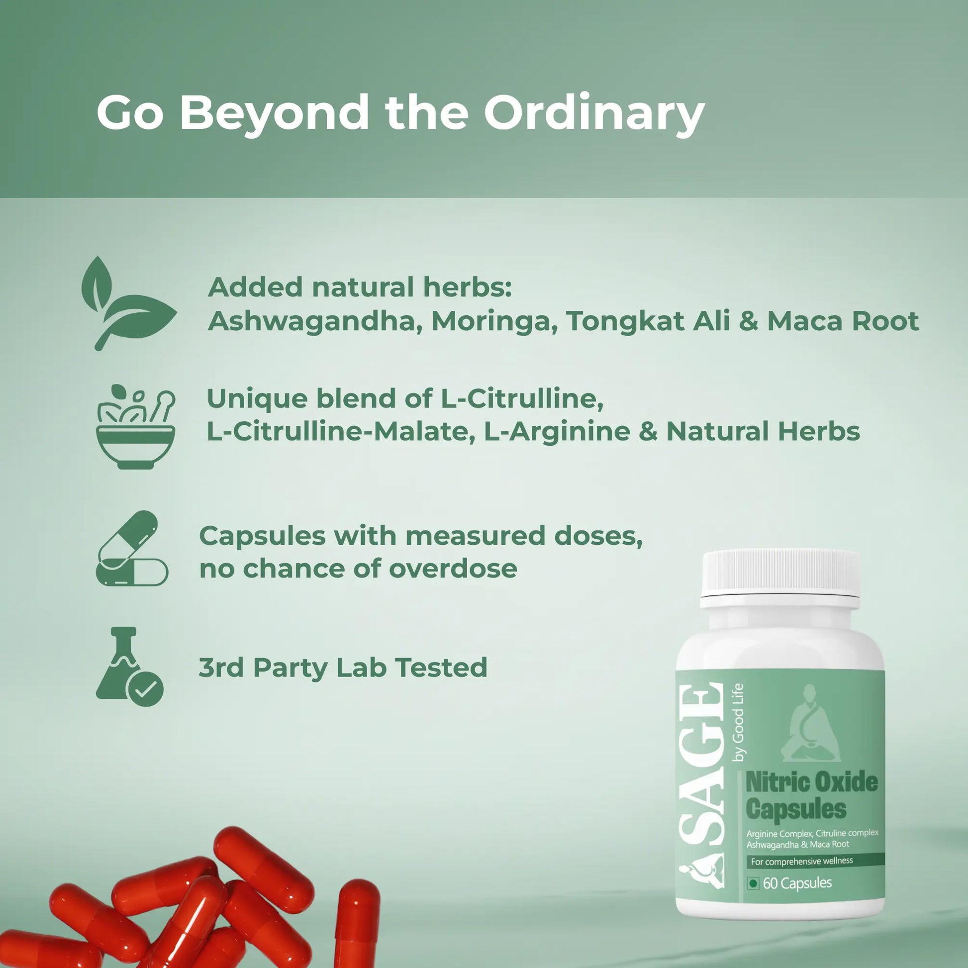 SAGE Nitric Oxide Capsules with green background and product details.
