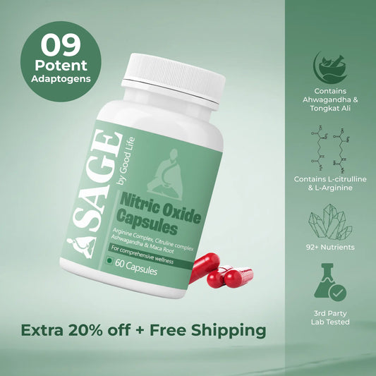 Nitric Oxide Capsules bottle with green label on a light green background