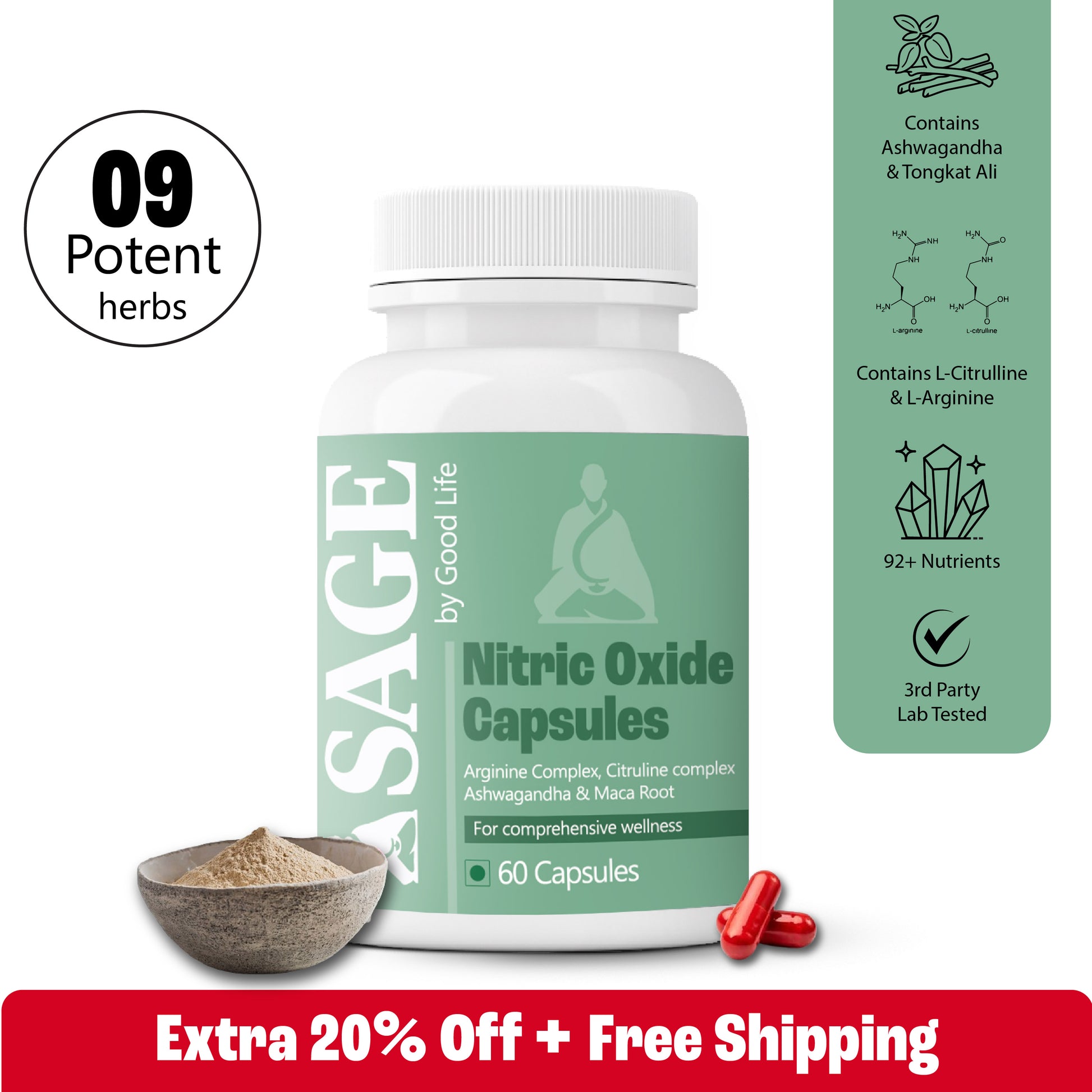 Good Life's Sage Nitric Oxide Capsules, which contain 60 capsules of arginine, citrulline, ashwagandha, and maca, are beneficial for circulation, endurance, and recuperation.