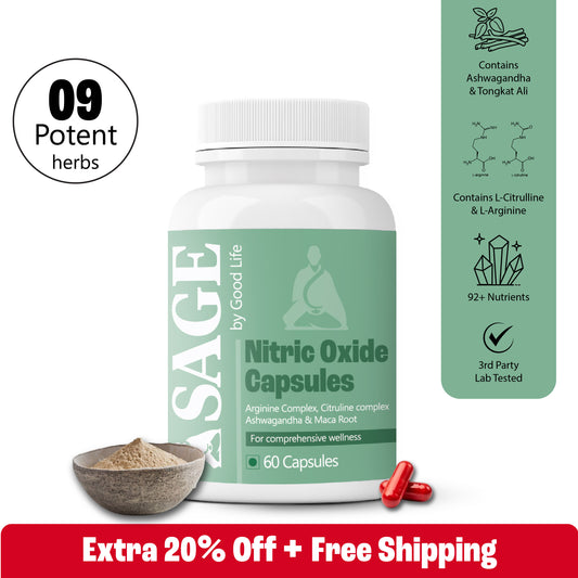 Good Life's Sage Nitric Oxide Capsules, which contain 60 capsules of arginine, citrulline, ashwagandha, and maca, are beneficial for circulation, endurance, and recuperation.