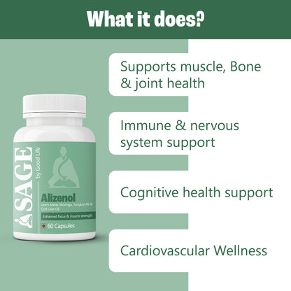 Sage by Good Life Alizenol - Benefits include muscle and joint support, immune system boost, cognitive health, and cardiovascular wellness