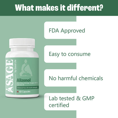 Sage by Good Life Alizenol bottle with product highlights - FDA approved, easy to consume, no harmful chemicals, GMP certified.