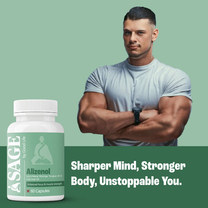 Sage Alizenol supplement for men, Boosts focus, muscle strength, and vitality with Lion’s Mane, Moringa, and Tongkat Ali