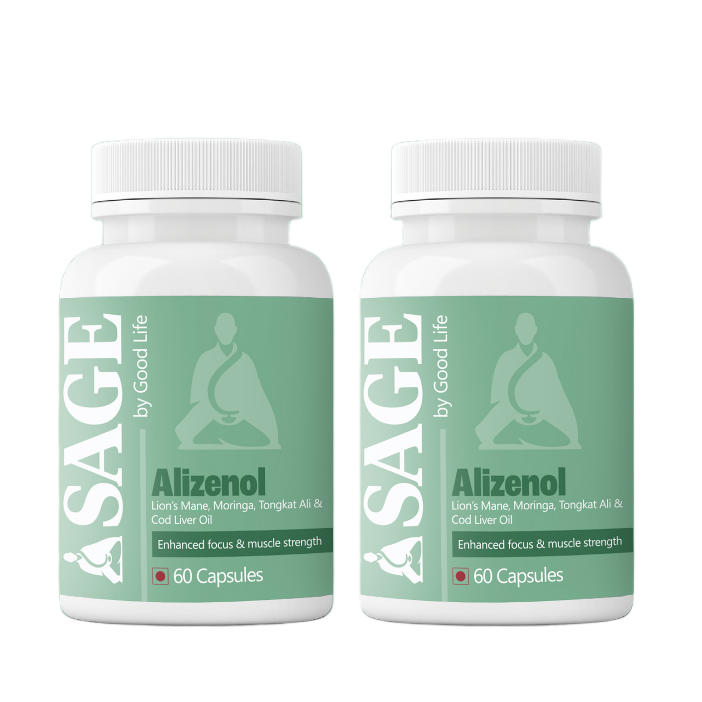 Two bottles of Sage Alizenol, a herbal supplement that contains Cod Liver Oil, Moringa, Tongkat Ali, and Lion's Mane to help with focus and muscle strength