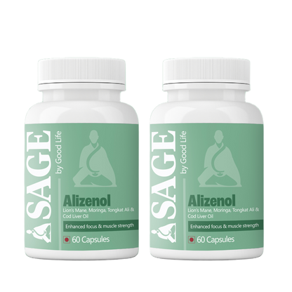 Two bottles of Sage Alizenol, a herbal supplement that contains Cod Liver Oil, Moringa, Tongkat Ali, and Lion's Mane to help with focus and muscle strength