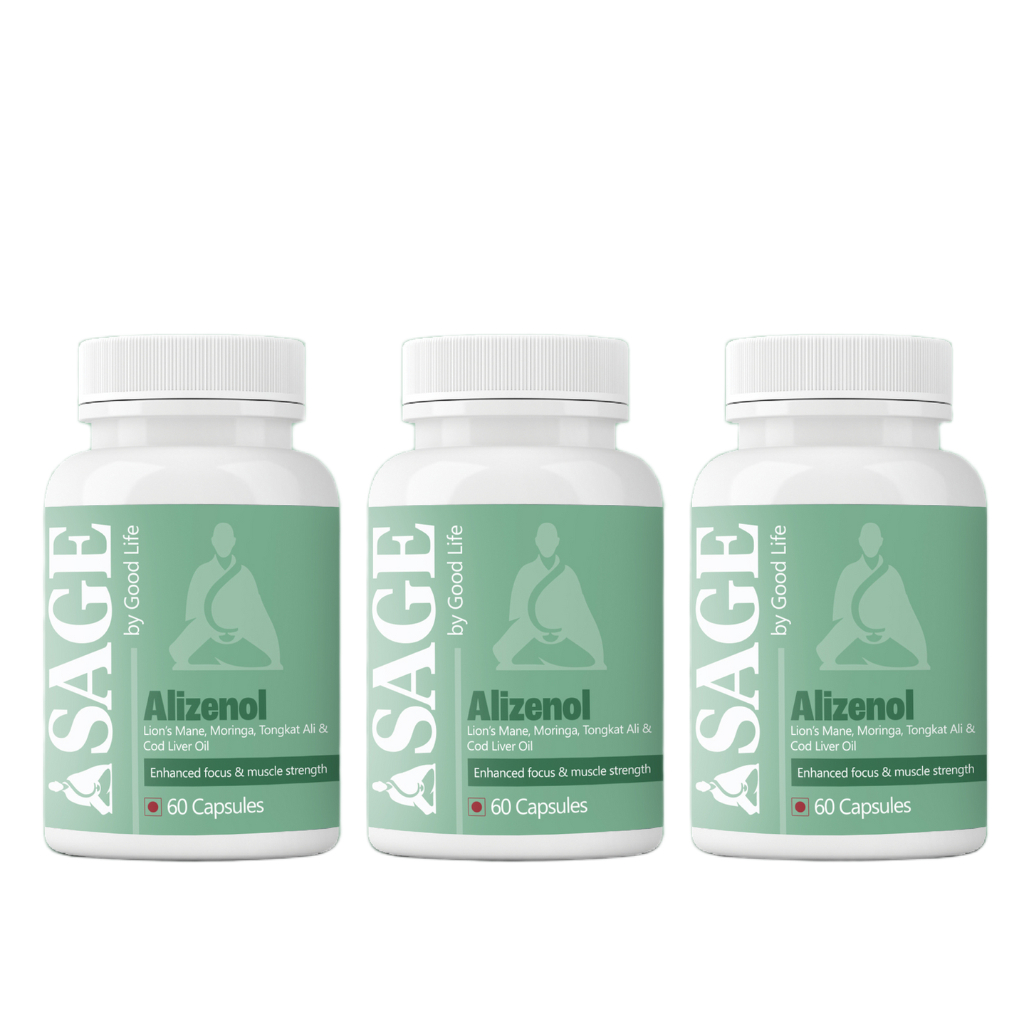 Three bottles of Sage Alizenol, a herbal supplement that supports muscles and provides energy, containing Lion's Mane, Moringa, Tongkat Ali, and Cod Liver Oil