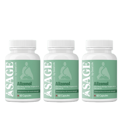 Three bottles of Sage Alizenol, a herbal supplement that supports muscles and provides energy, containing Lion's Mane, Moringa, Tongkat Ali, and Cod Liver Oil
