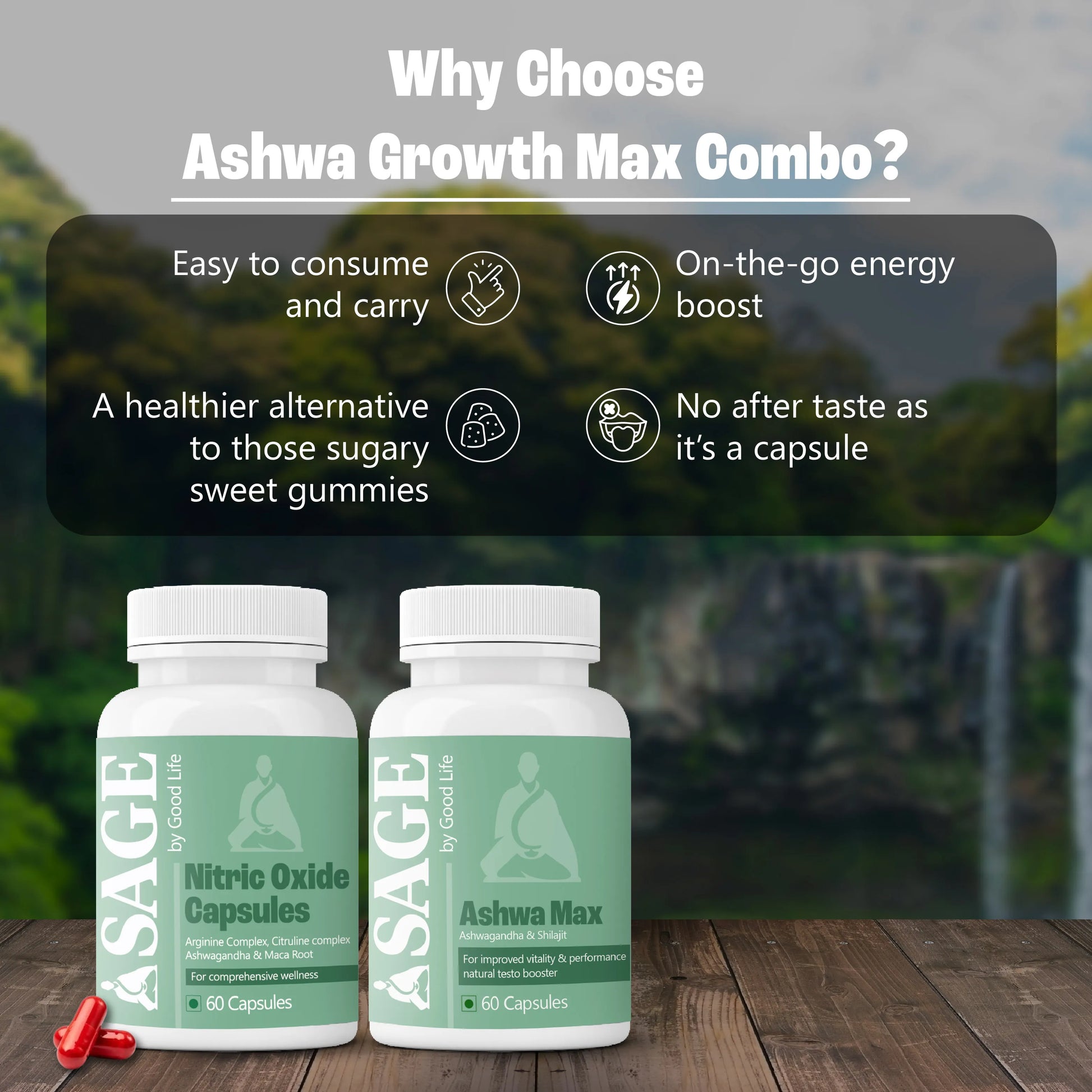 Two bottles of Ashwa Growth Max Combo with a blurred natural background