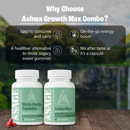 Two bottles of Ashwa Growth Max Combo with a blurred natural background