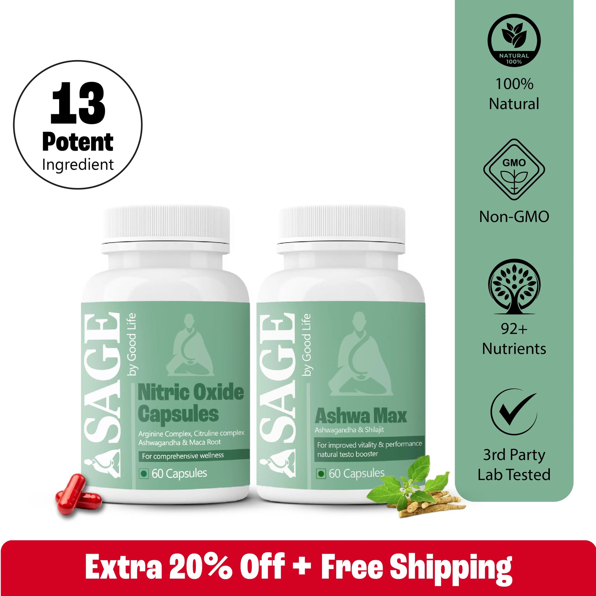 Two bottles of Sage by Good Life supplements with product details on a white background.