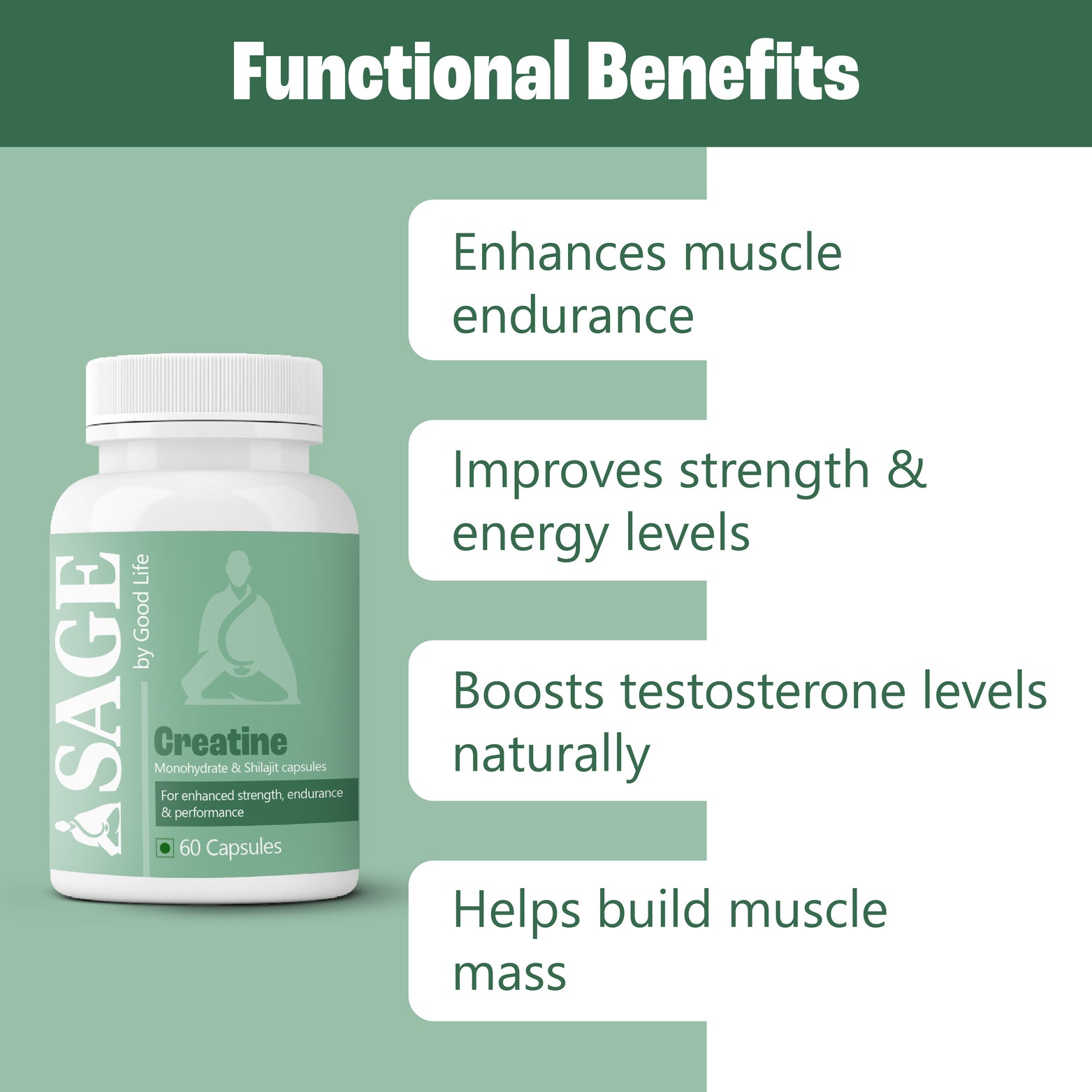 Strength, endurance, testosterone, and muscle mass are all enhanced by SAGE Creatine Capsules.
