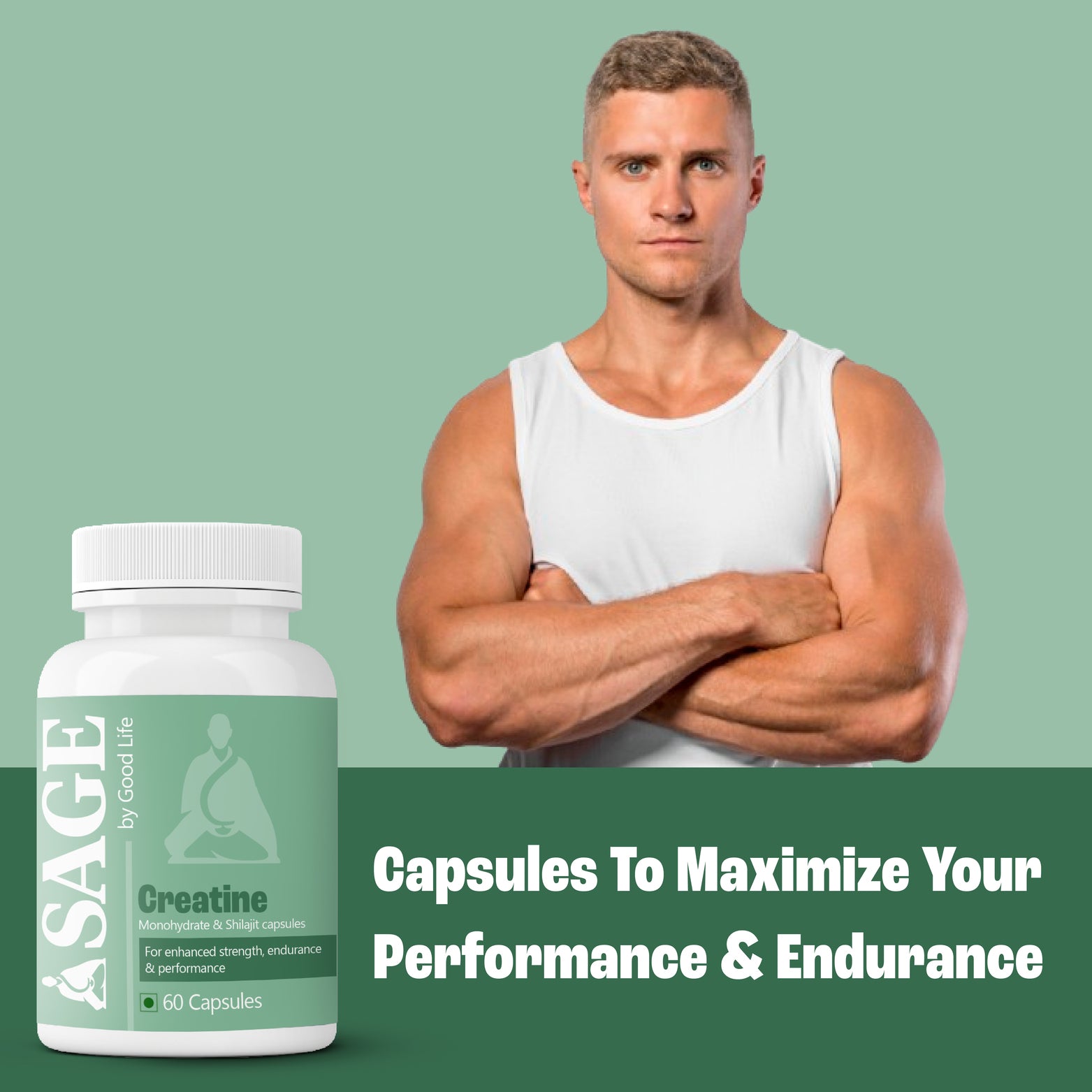 A male fitness model showcasing SAGE Creatine Capsules for improved strength, performance, and endurance