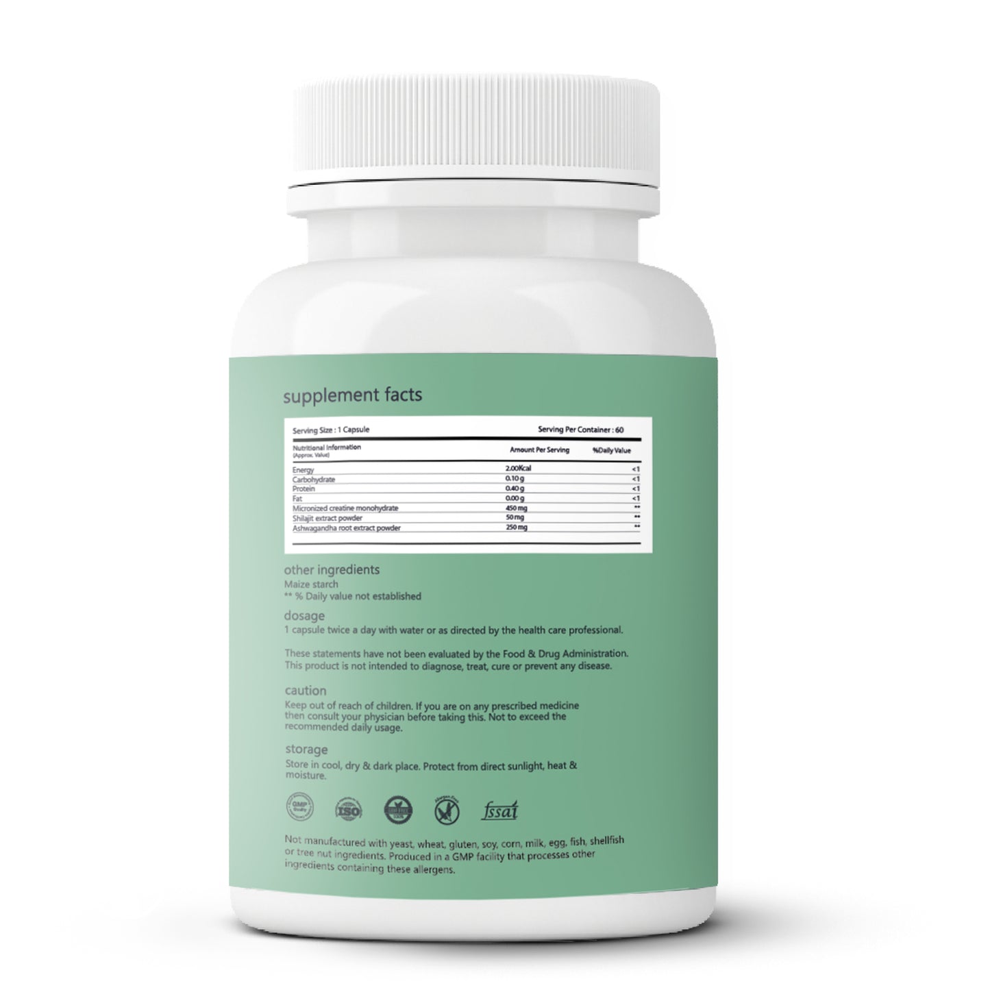 SAGE Creatine Capsules back label includes information about the supplement, dosage guidelines, ingredients, and certifications.