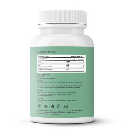 SAGE Creatine Capsules back label includes information about the supplement, dosage guidelines, ingredients, and certifications.