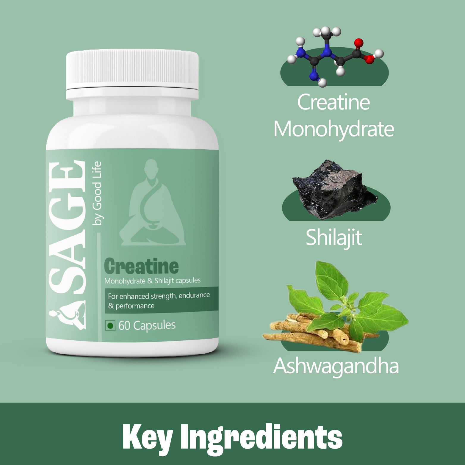 Key components of SAGE Creatine include 60 capsules of ashwagandha, shilajit, and creatine monohydrate.