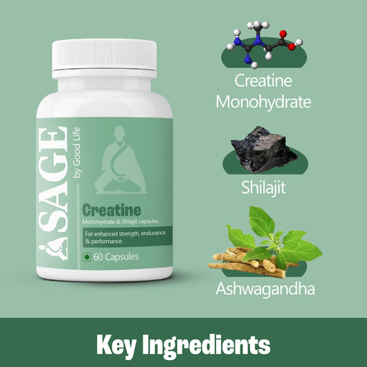 Key components of SAGE Creatine include 60 capsules of ashwagandha, shilajit, and creatine monohydrate.