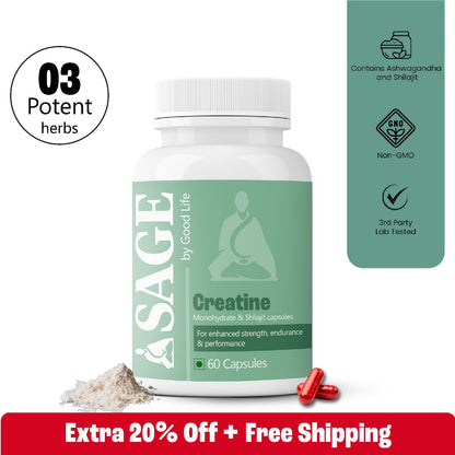Shilajit and Ashwagandha-containing 60-count creatine capsules from Sage that promote endurance and clean energy