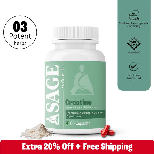 Shilajit and Ashwagandha-containing 60-count creatine capsules from Sage that promote endurance and clean energy