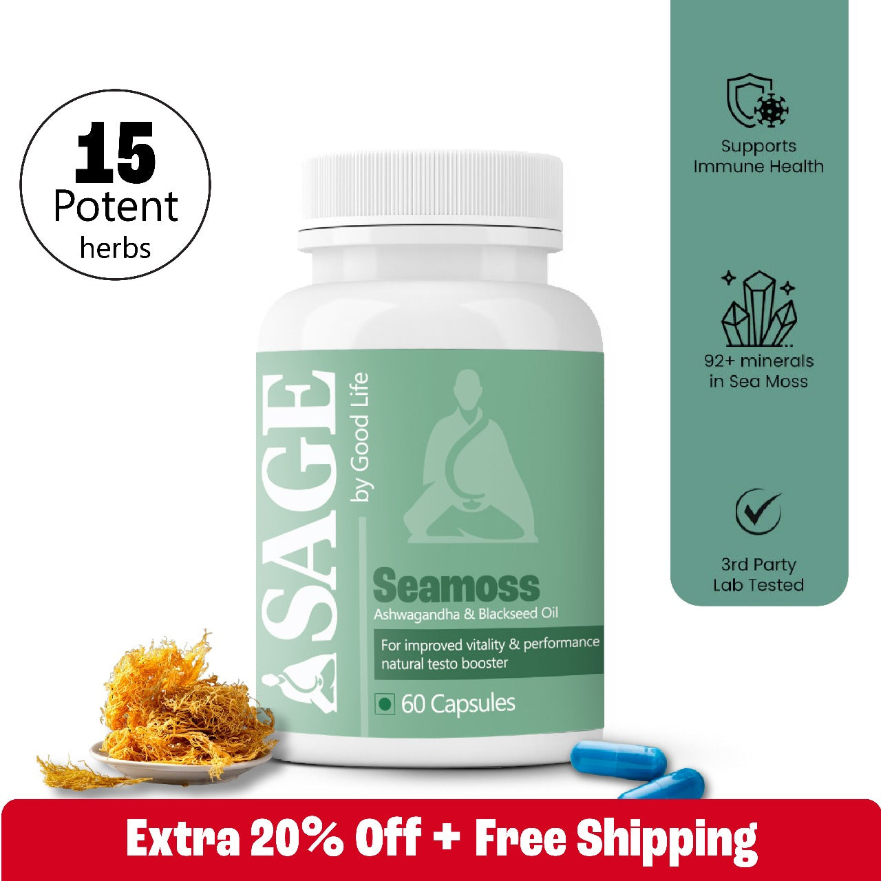 Ashwagandha and Blackseed Oil in 60-Count SAGE Seamoss Capsules: Vitality & Immune Support


