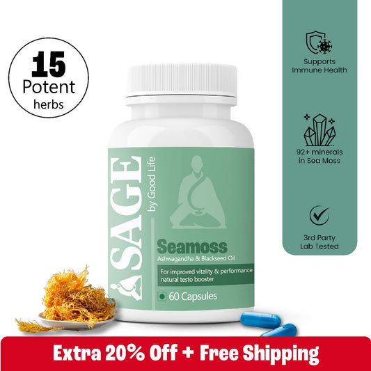 Ashwagandha and Blackseed Oil in 60-Count SAGE Seamoss Capsules: Vitality & Immune Support

