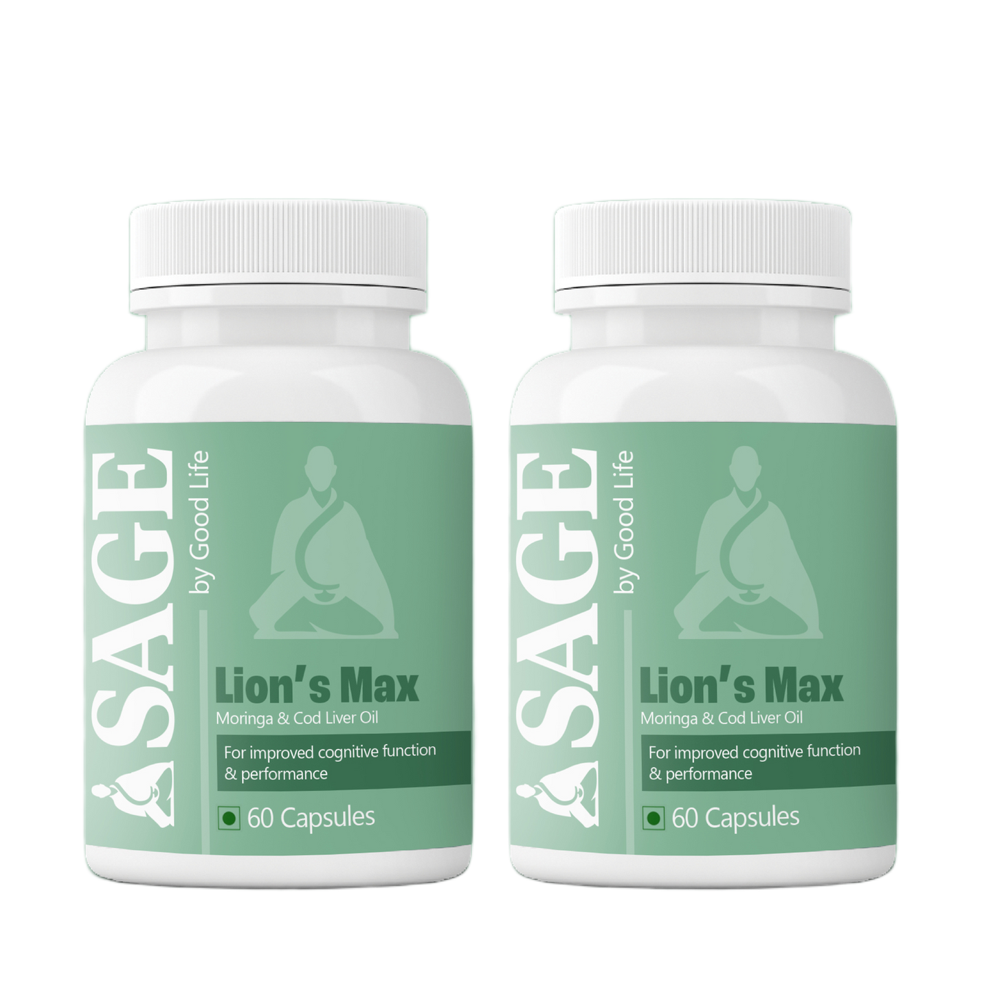 Front view of two bottles of Sage by Good Life Lion’s Max Capsules with Moringa & Cod Liver Oil, designed to support cognitive performance and mental clarity.