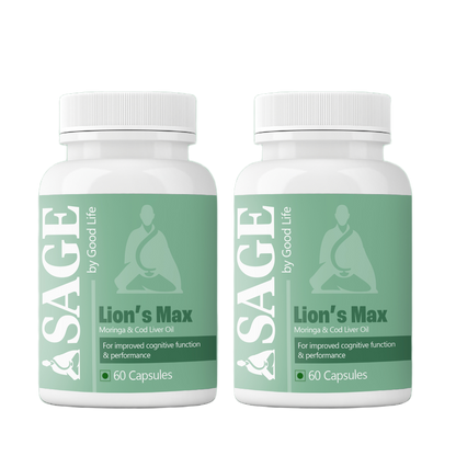 Front view of two bottles of Sage by Good Life Lion’s Max Capsules with Moringa & Cod Liver Oil, designed to support cognitive performance and mental clarity.