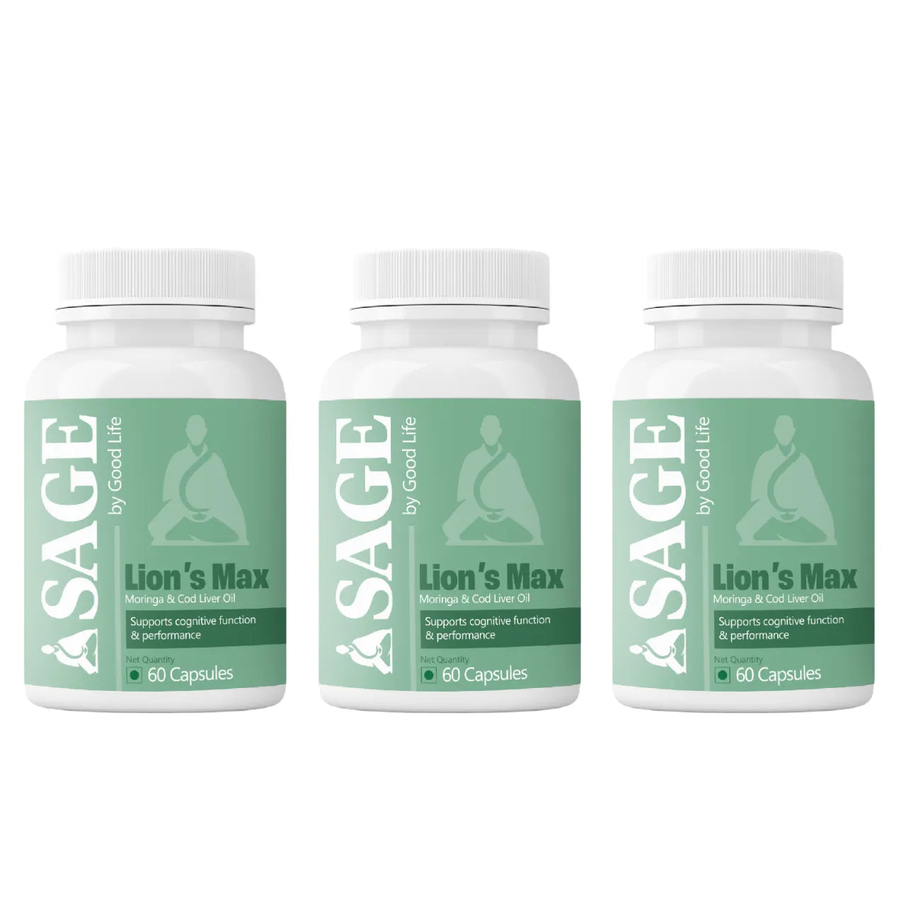 Three bottles of SAGE by Good Life Lion's Max on a white background