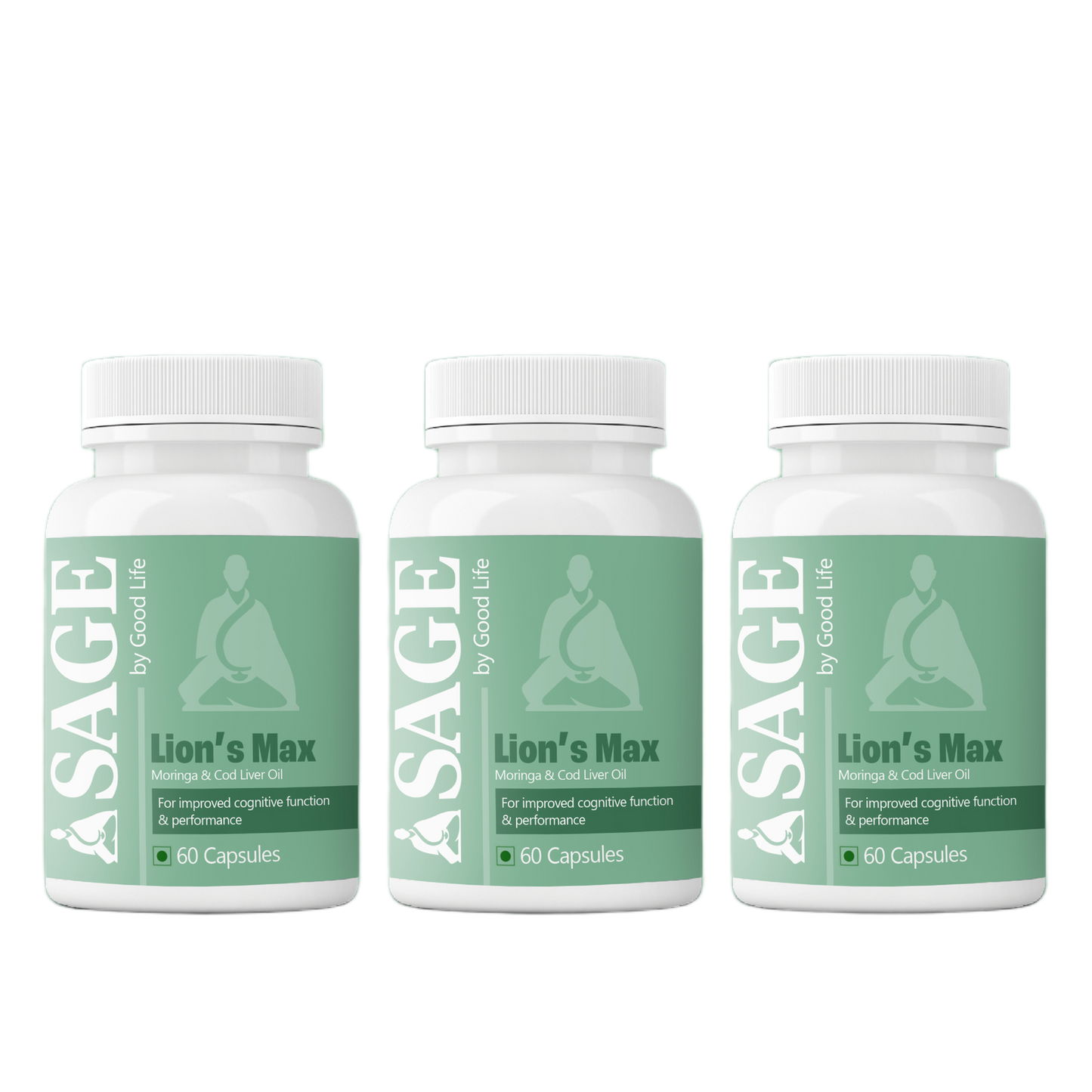 Triple pack of Sage by Good Life Lion’s Max Capsules featuring Moringa & Cod Liver Oil for enhanced cognitive function, focus, and overall wellness support.











