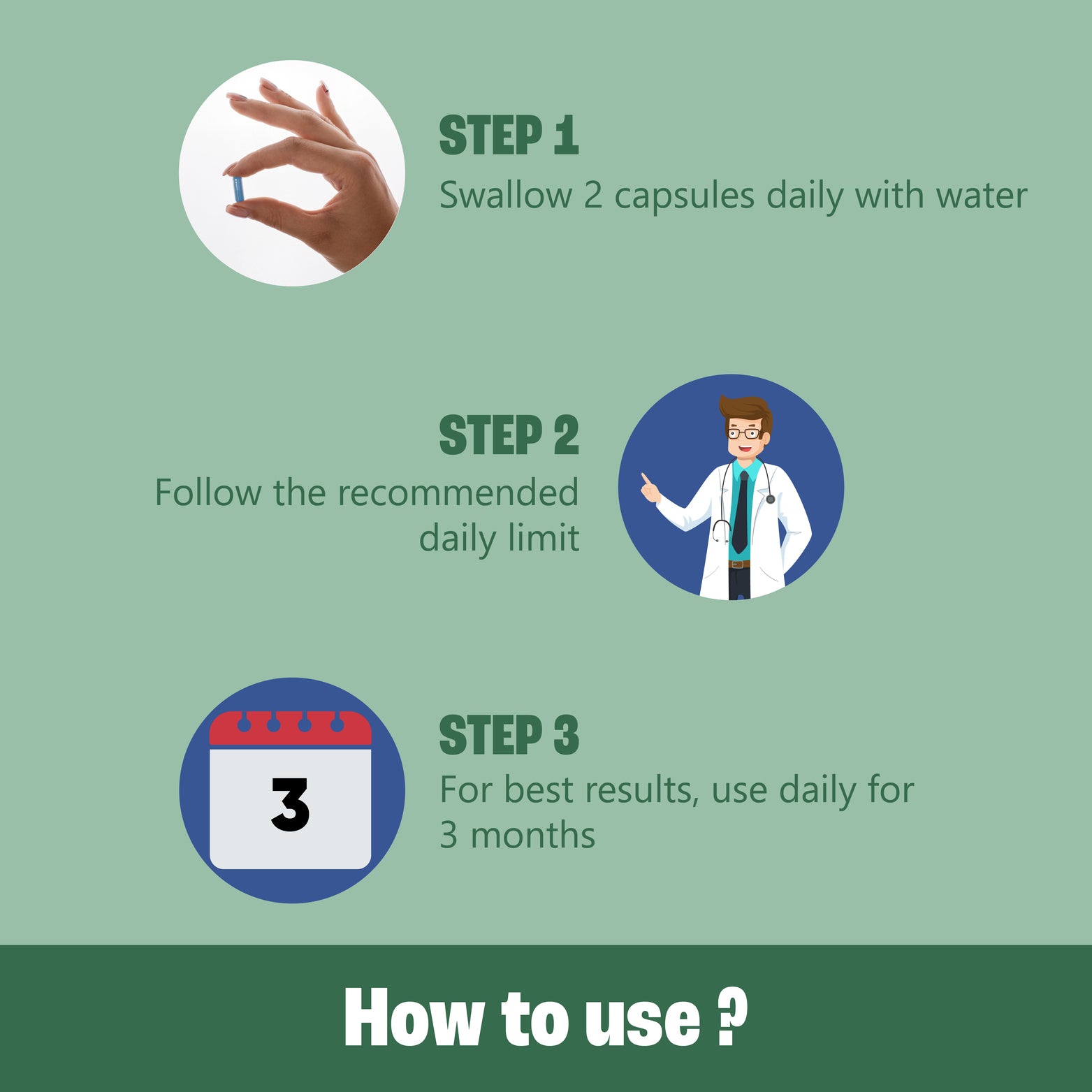 How to use Sage by Good Life Lion's Max Capsules: Step 1: Take two capsules with water each day; Step 2: Adhere to the daily allowance; and Step 3: For optimal effects, use consistently for three months.

