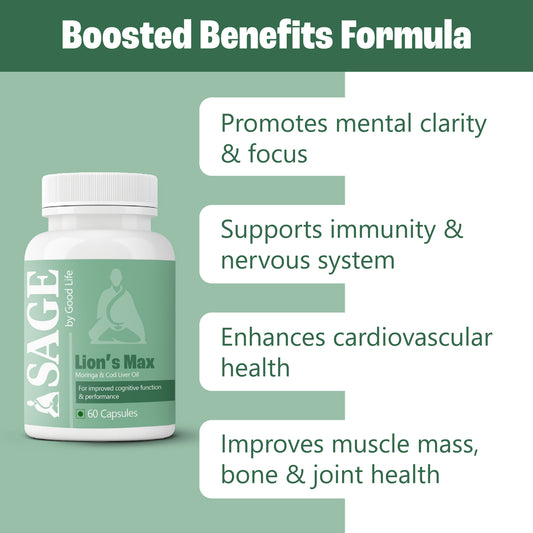 Sage by Good Life Lion's Max Capsules: Enhanced Advantages Formula for Immunity, Joint Health, Cardiovascular Health, and Mental Focus (60 Capsules Bottle Image)