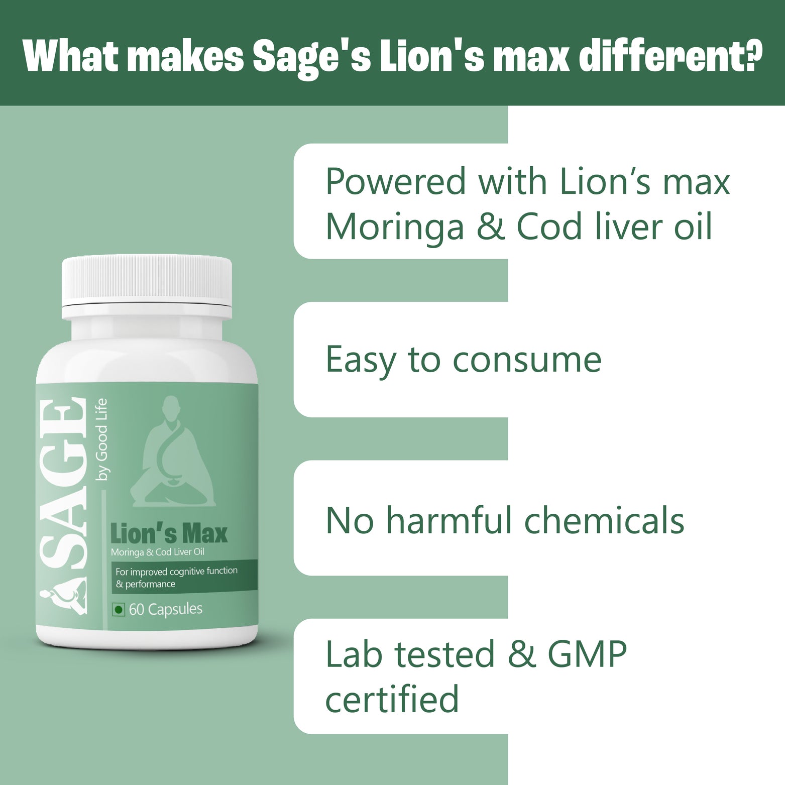 Sage by Good Life Lion's Max Capsules - Key Features: Contains Moringa & Cod Liver Oil, Easy to Consume, No Harmful Chemicals, Lab Tested & GMP Certified - 60 Capsules Bottle

