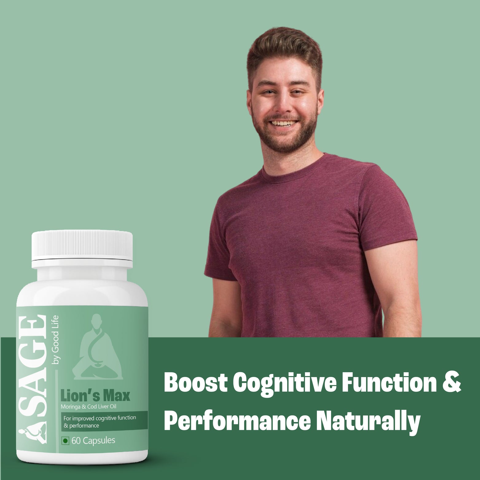Smiling young man standing beside a bottle of Sage by Good Life Lion’s Max Capsules - Moringa & Cod Liver Oil supplement to boost cognitive function and performance naturally.










