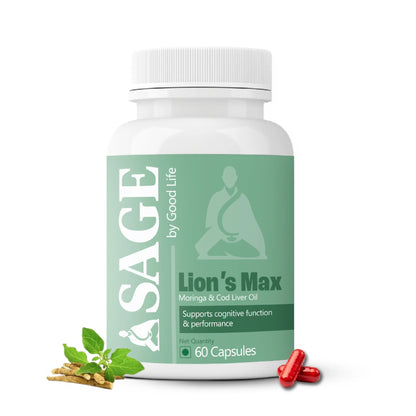 Bottle of Sage by Good Life Lion's Max supplement with capsules on a white background