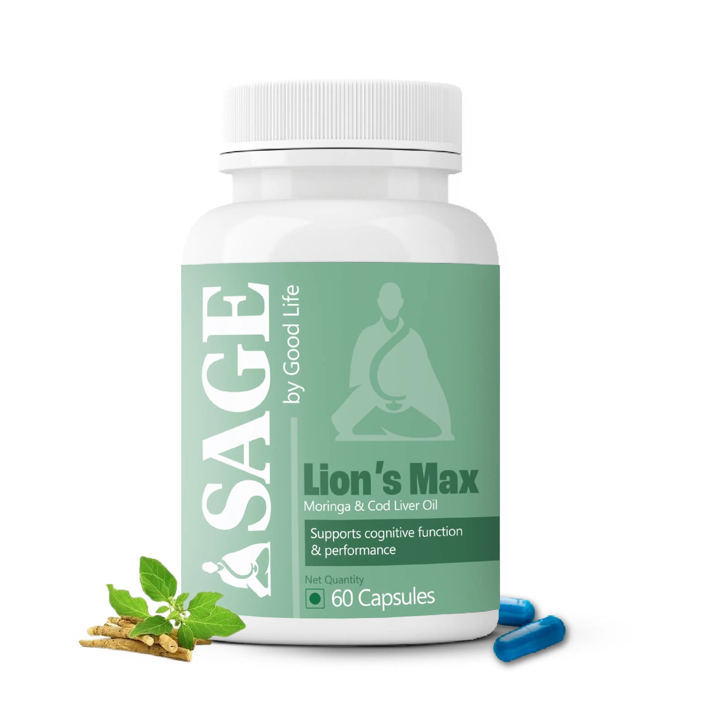 Bottle of Sage by Good Life Lion's Max supplement on a white background