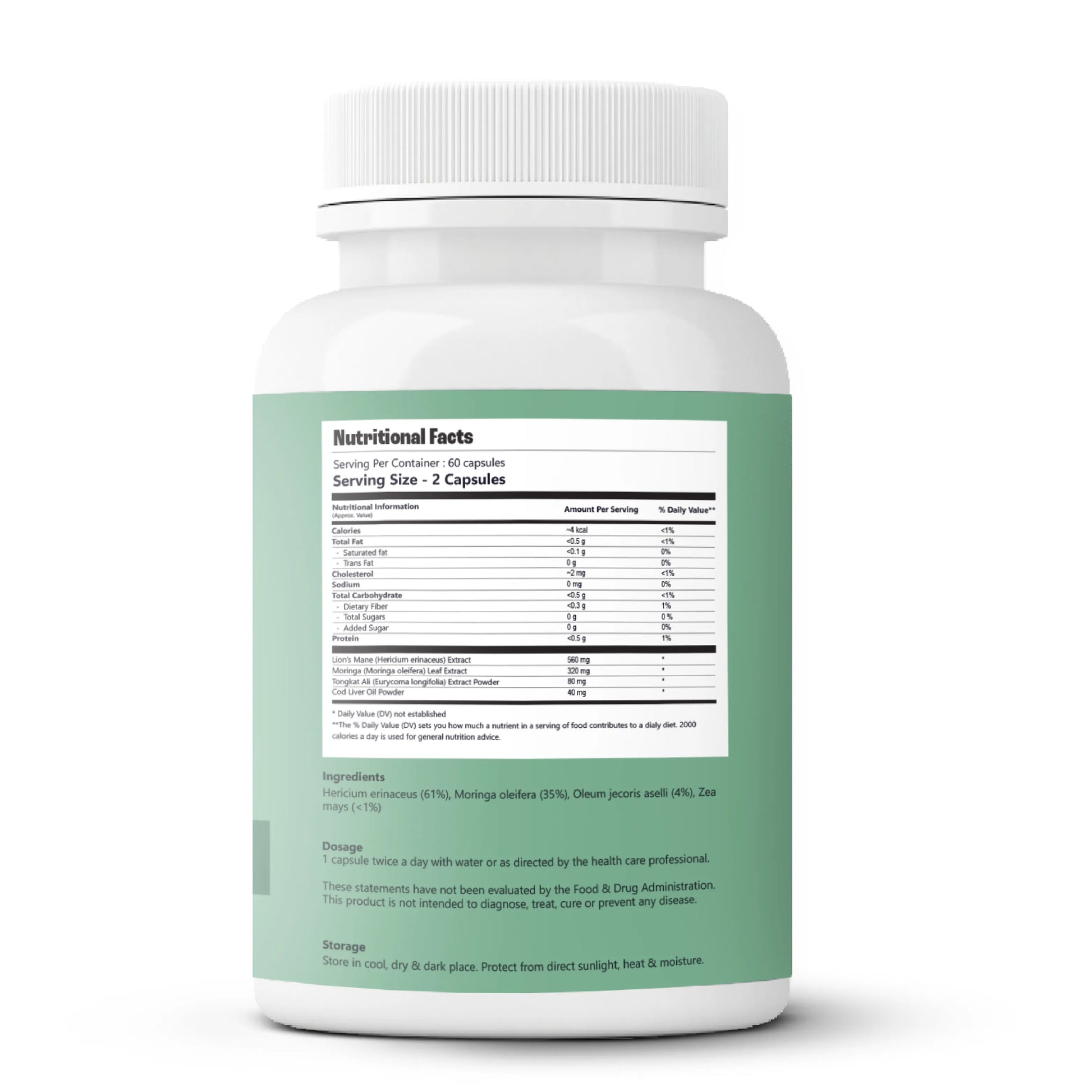 Supplement bottle with nutritional facts label on a white background