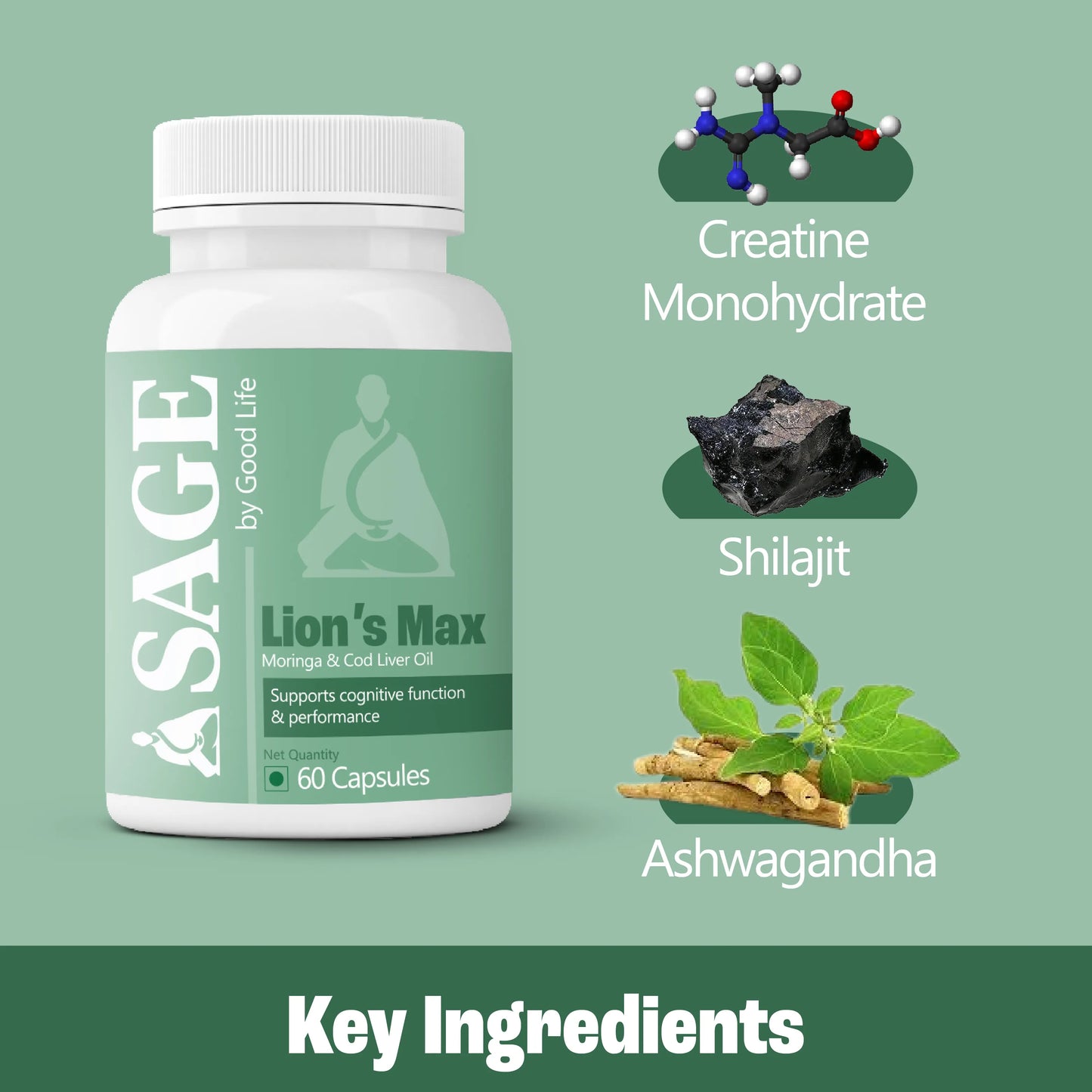 SAGE by Good Life supplement bottle with key ingredients displayed on a green background