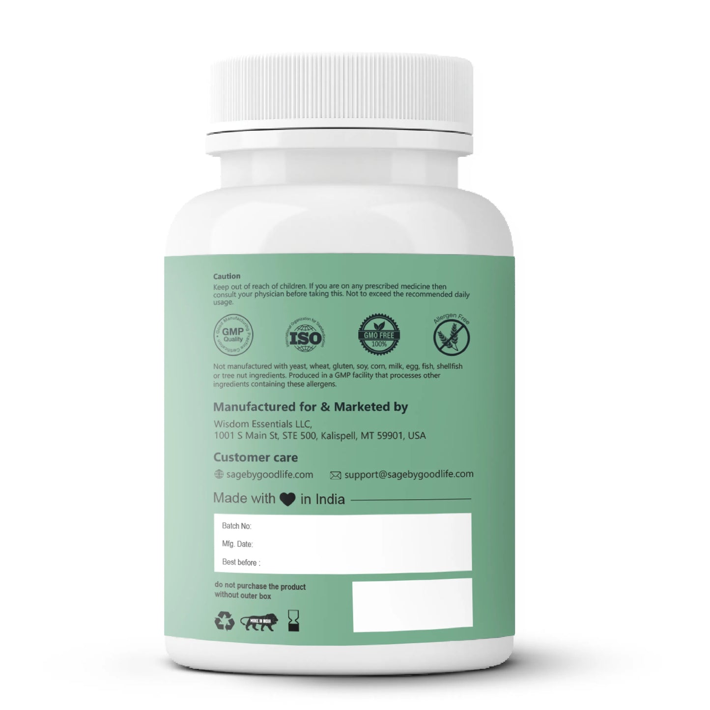 White supplement bottle with green label on a white background