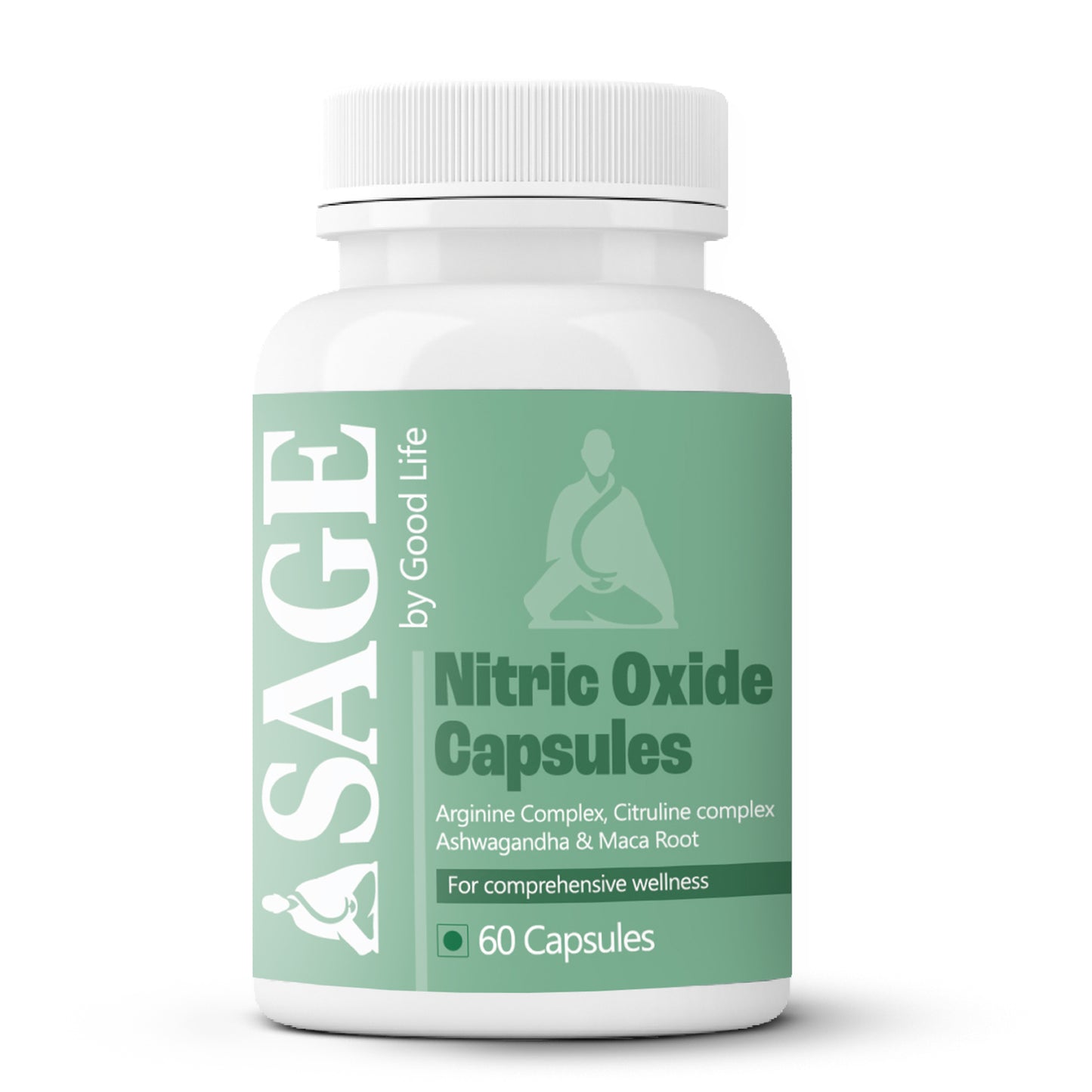 One bottle of 60 arginine, citrulline, maca, and ashwagandha-containing sage nitric oxide capsules for wellness support.

