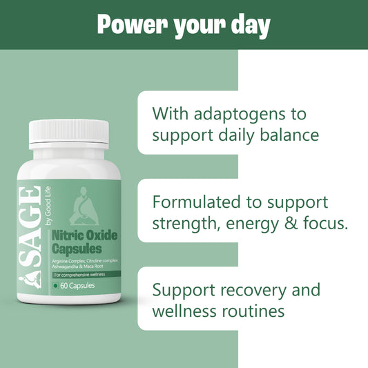 Sage by Good Life Nitric Oxide Capsules - Supports energy, strength, focus, and daily balance with adaptogens - 60 capsules.
