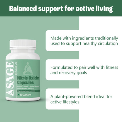 Good Life's Sage Nitric Oxide Capsules: 60 capsules of a plant-based combination that promotes circulation, fitness, and recuperation for busy lives.

