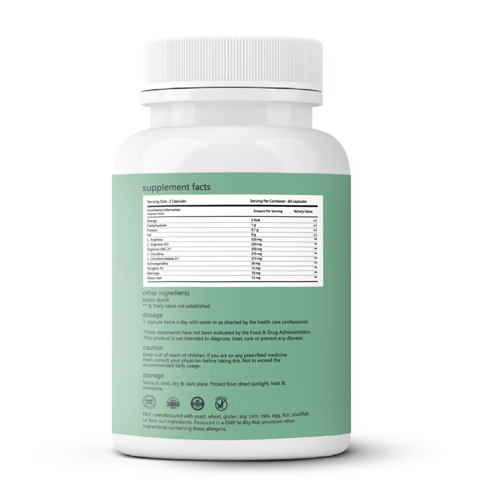 Ashwagandha, Maca Root, L-Arginine, L-Citrulline, and other supplement facts are listed on the back label of the Sage by Good Life Nitric Oxide Capsules bottle along with dosage guidelines. White-capped green label.

