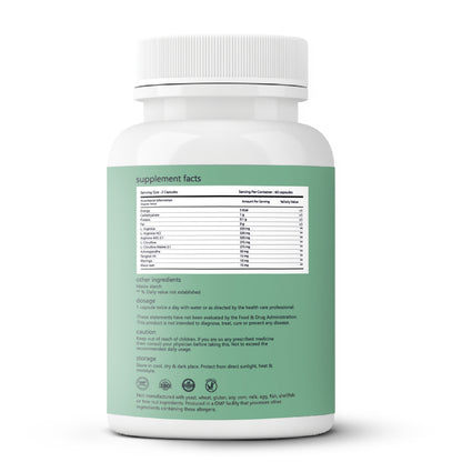 Ashwagandha, Maca Root, L-Arginine, L-Citrulline, and other supplement facts are listed on the back label of the Sage by Good Life Nitric Oxide Capsules bottle along with dosage guidelines. White-capped green label.

