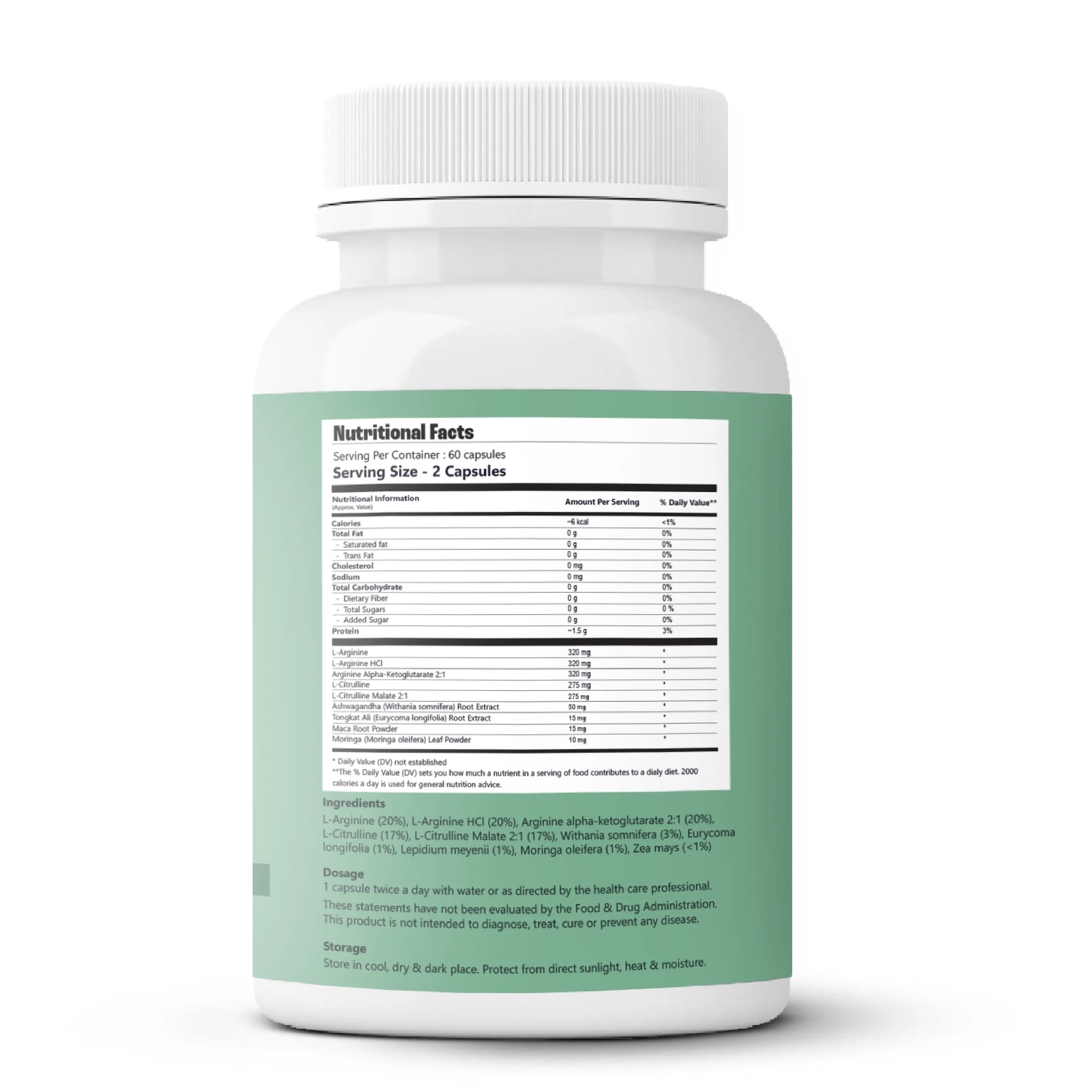 Supplement bottle with nutritional facts label on a white background