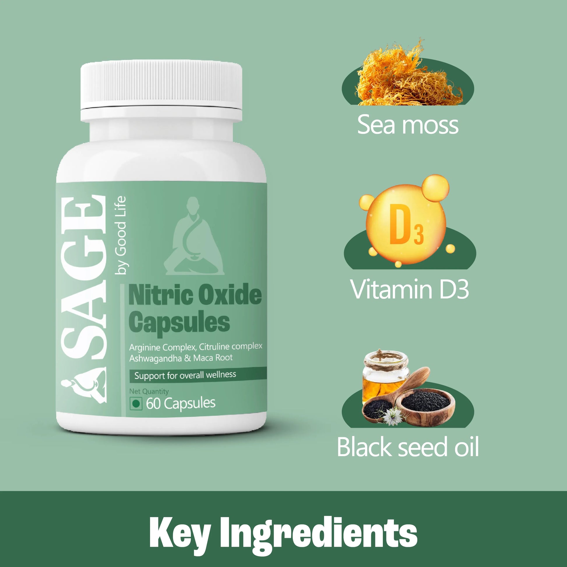 SAGE Nitric Oxide Capsules bottle with key ingredients displayed on a green background