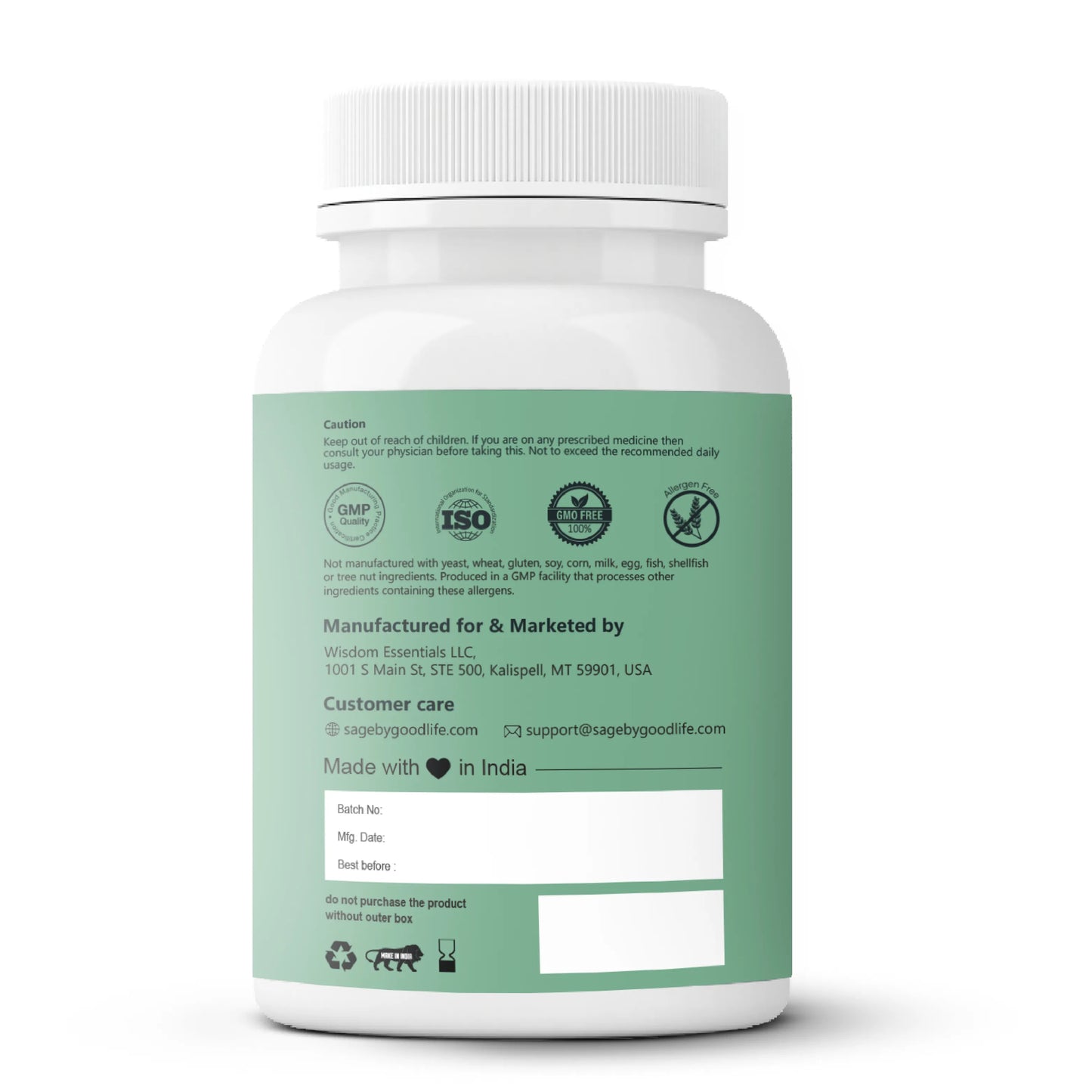 White supplement bottle with green label on a white background