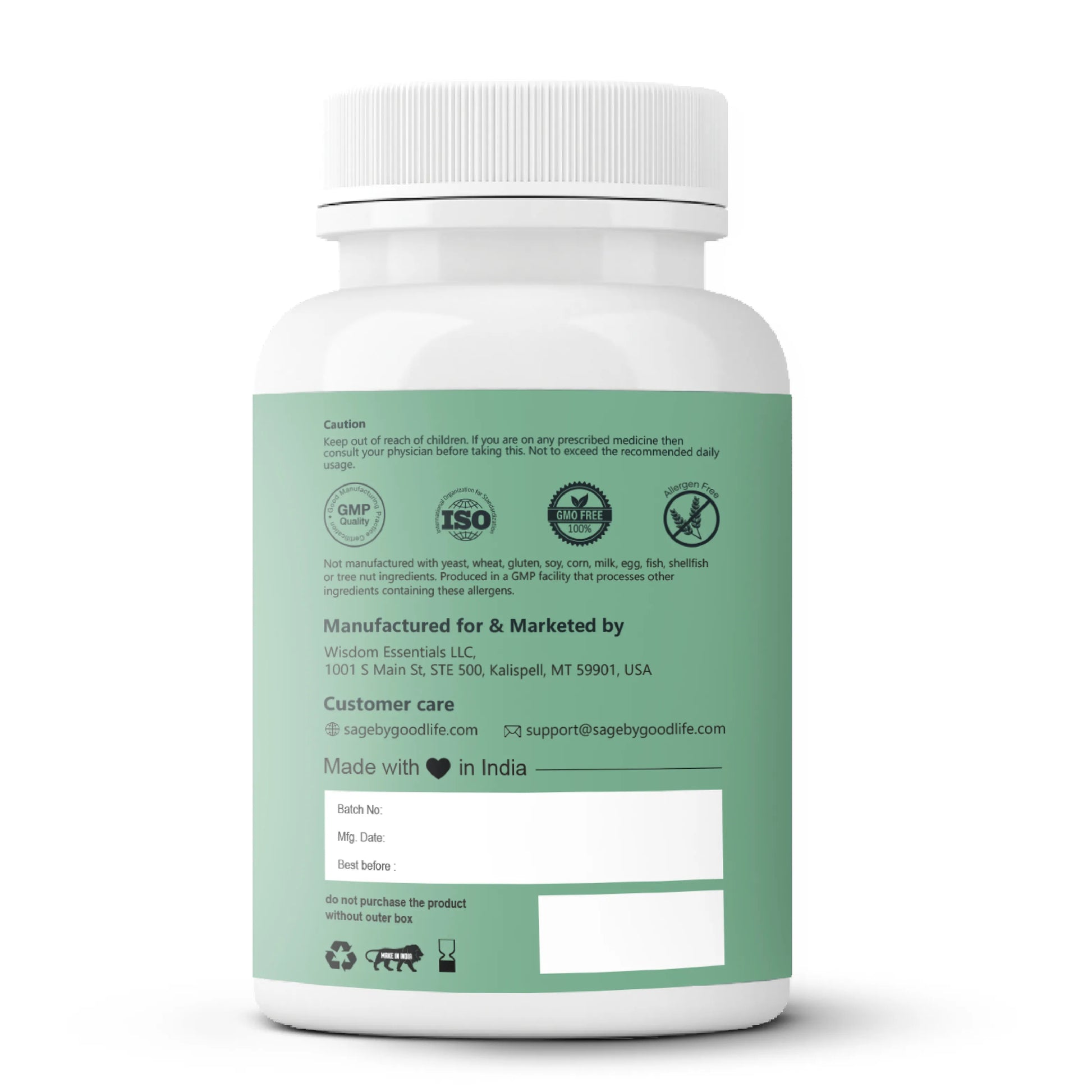 White supplement bottle with green label on a white background