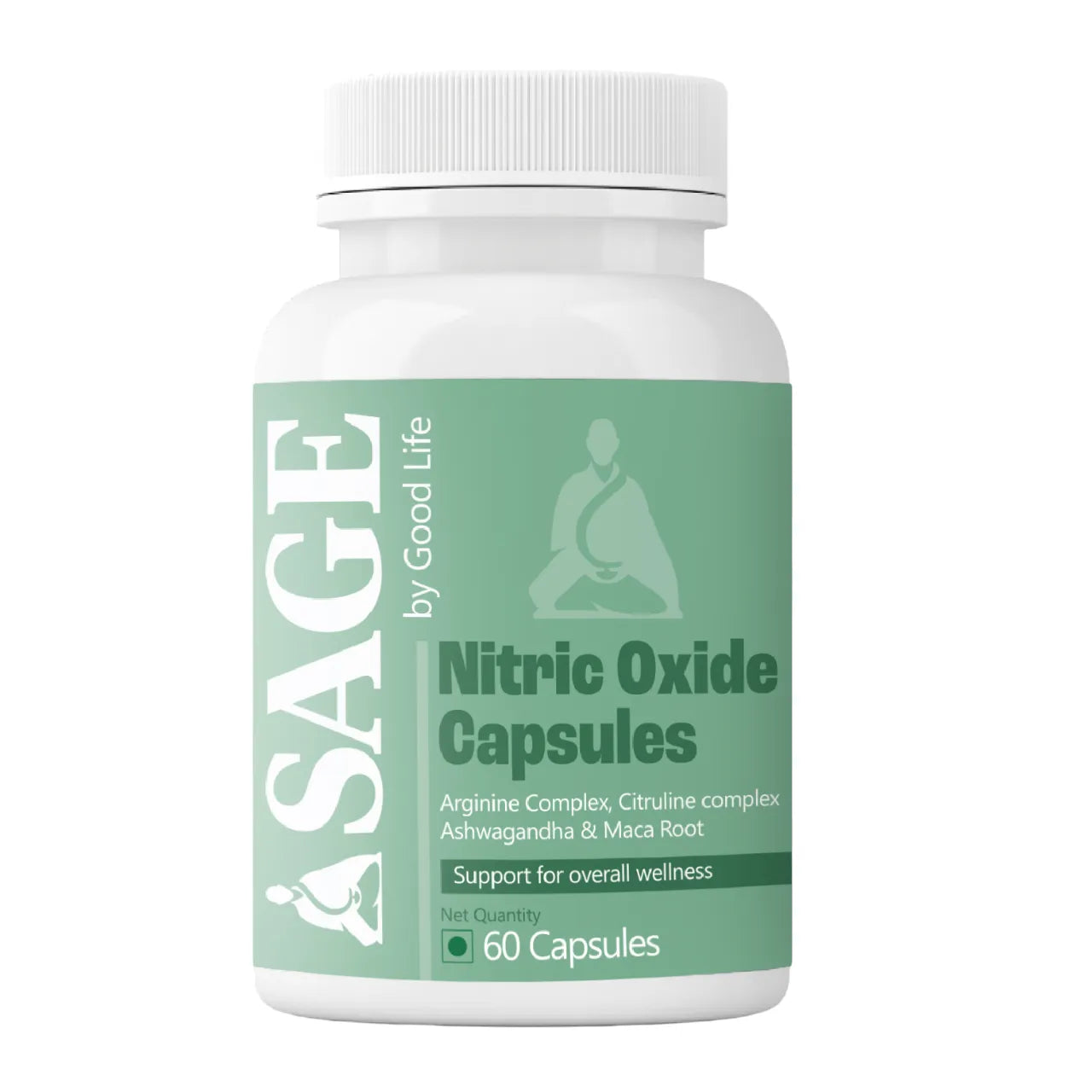 Bottle of Sage Nitric Oxide Capsules on a white background