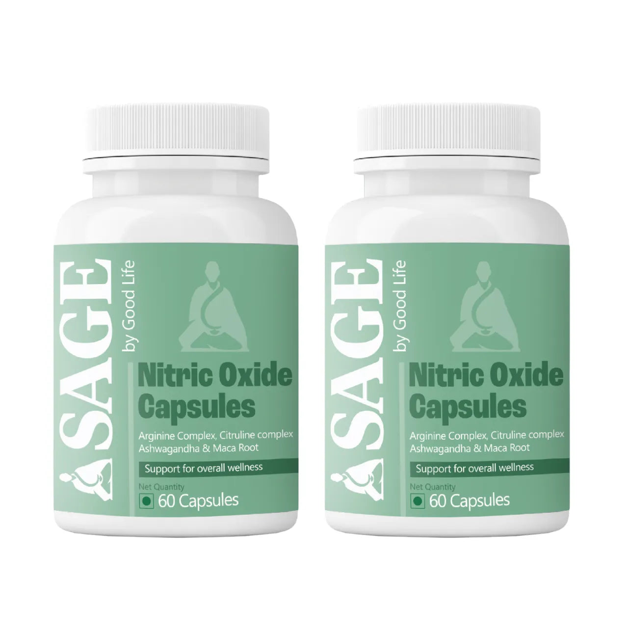 Two bottles of SAGE Nitric Oxide Capsules on a white background