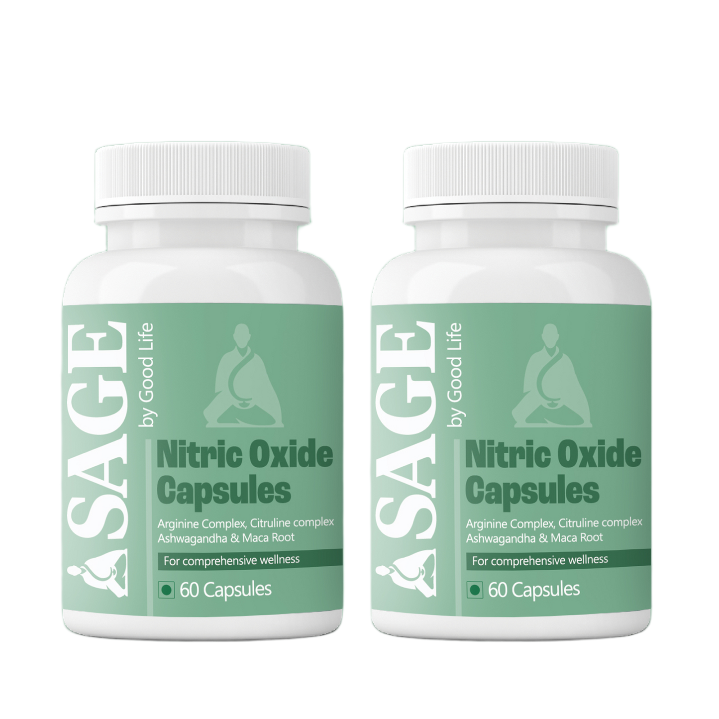 Two bottles of Sage Nitric Oxide Capsules - 60 caps with Ashwagandha, Citrulline & Maca.

