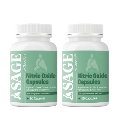 Two bottles of Sage Nitric Oxide Capsules - 60 caps with Ashwagandha, Citrulline & Maca.

